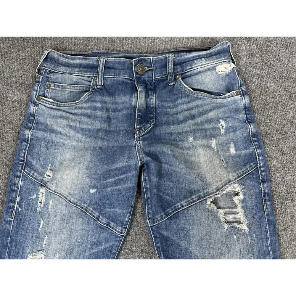 Mens TRUE RELIGION Geno Relaxed BIKER Slim MOTO 30‎ x 31.5 Blue DISTRESSED Jeans